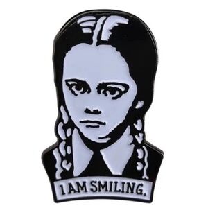 Wednesday Addams “I am Smiling” Black and White Enamel Metal Pin.
